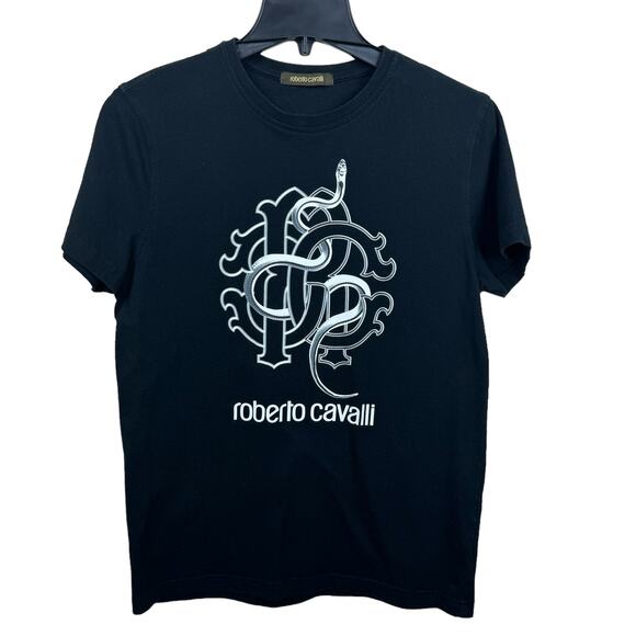 Men's Roberto‎ Cavalli Black Snake Print Short Sleeve Crewneck Cotton T-Shirt S - Picture 1 of 7